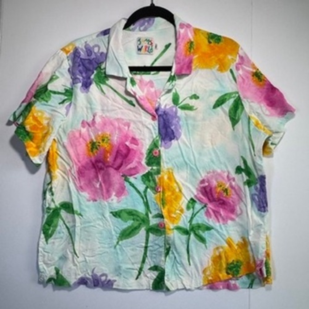 Jams World Sky Flower Floral Rayon Button Down Shirt XL Made in Hawaii USA C=